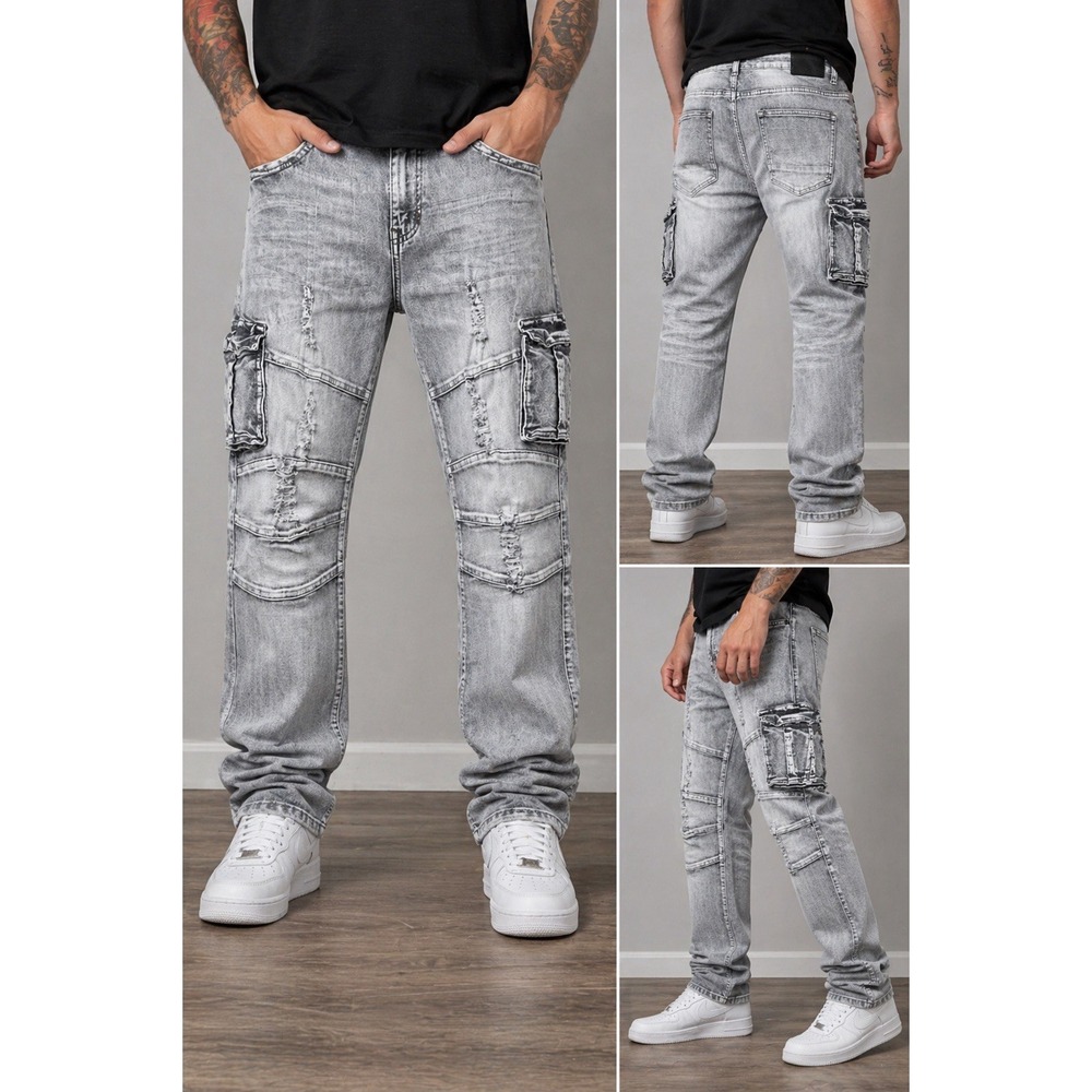 O.P.S Gray Distressed Cargo Jeans Mens 38x34 Slim Straight Moto Biker Denim